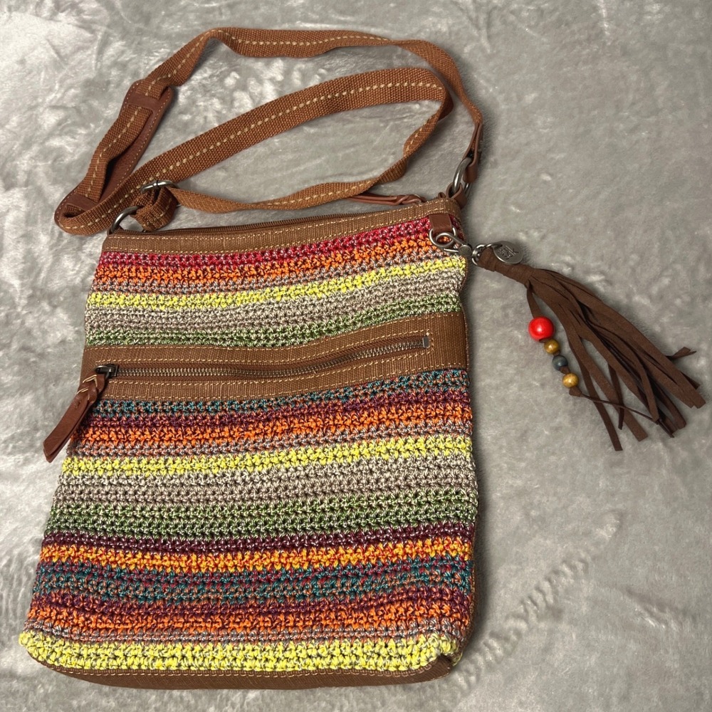 The Sak Lucia Crochet Crossbody Bag Sunset Stripe Rainbow Boho Purse Tassel NWOT